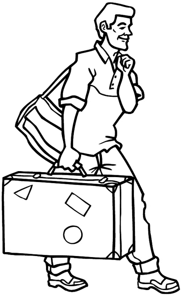 Man carrying luggage vinyl sticker. Customize on line. Vacations Trips Attractions 051-0330